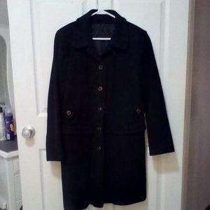 Wool black coat, pretty gold and black buttons, size Med., knee length